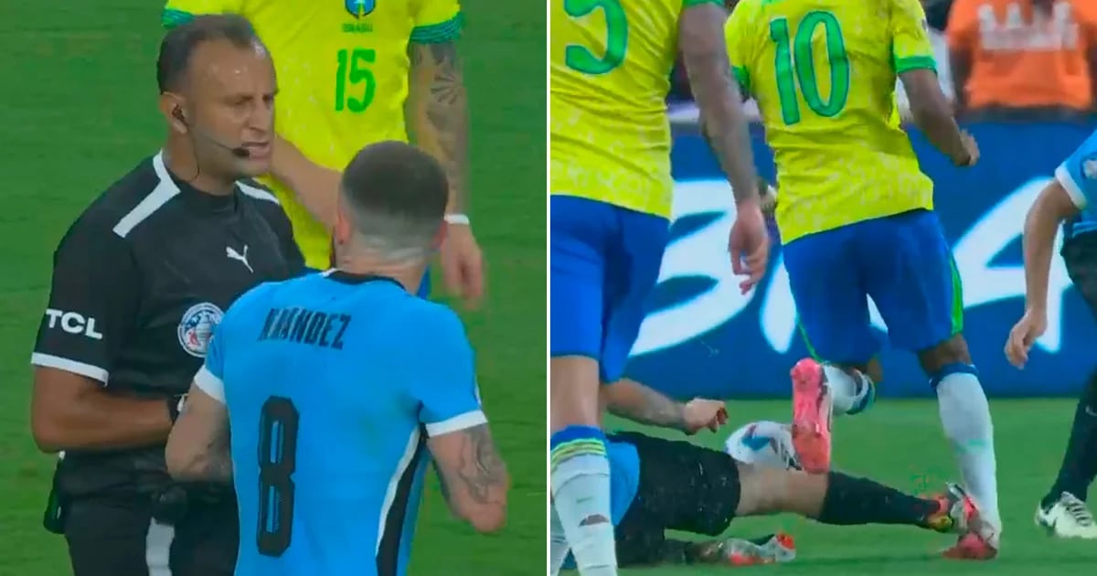 La brutal patada de Nahitan Nandez a Rodrygo que le valió la expulsión en el caliente partido entre Uruguay y Brasil