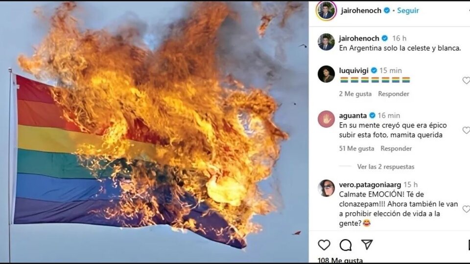 Más provocaciones en la era de la crueldad | El referente de La Libertad Avanza en Santa Cruz subió una foto con la bandera del orgullo prendida fuego